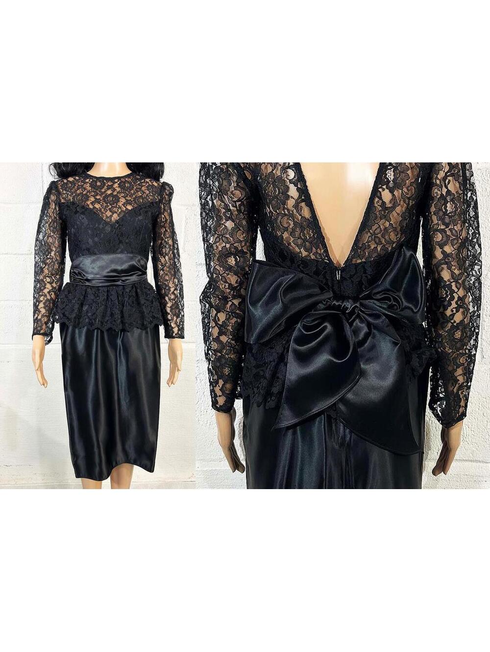Gunne Sax Black Lace Dress 1980s Satin Peplum XS